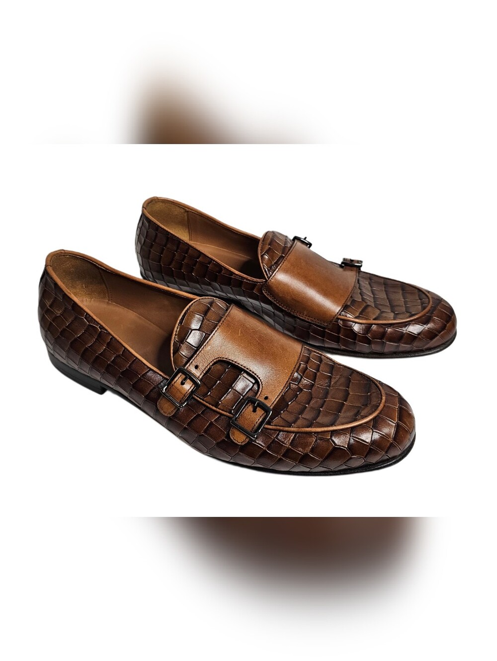 Paul Fredrick Italian Leather Brown Croc Double Monk Strap Dress Loafers Men 13M